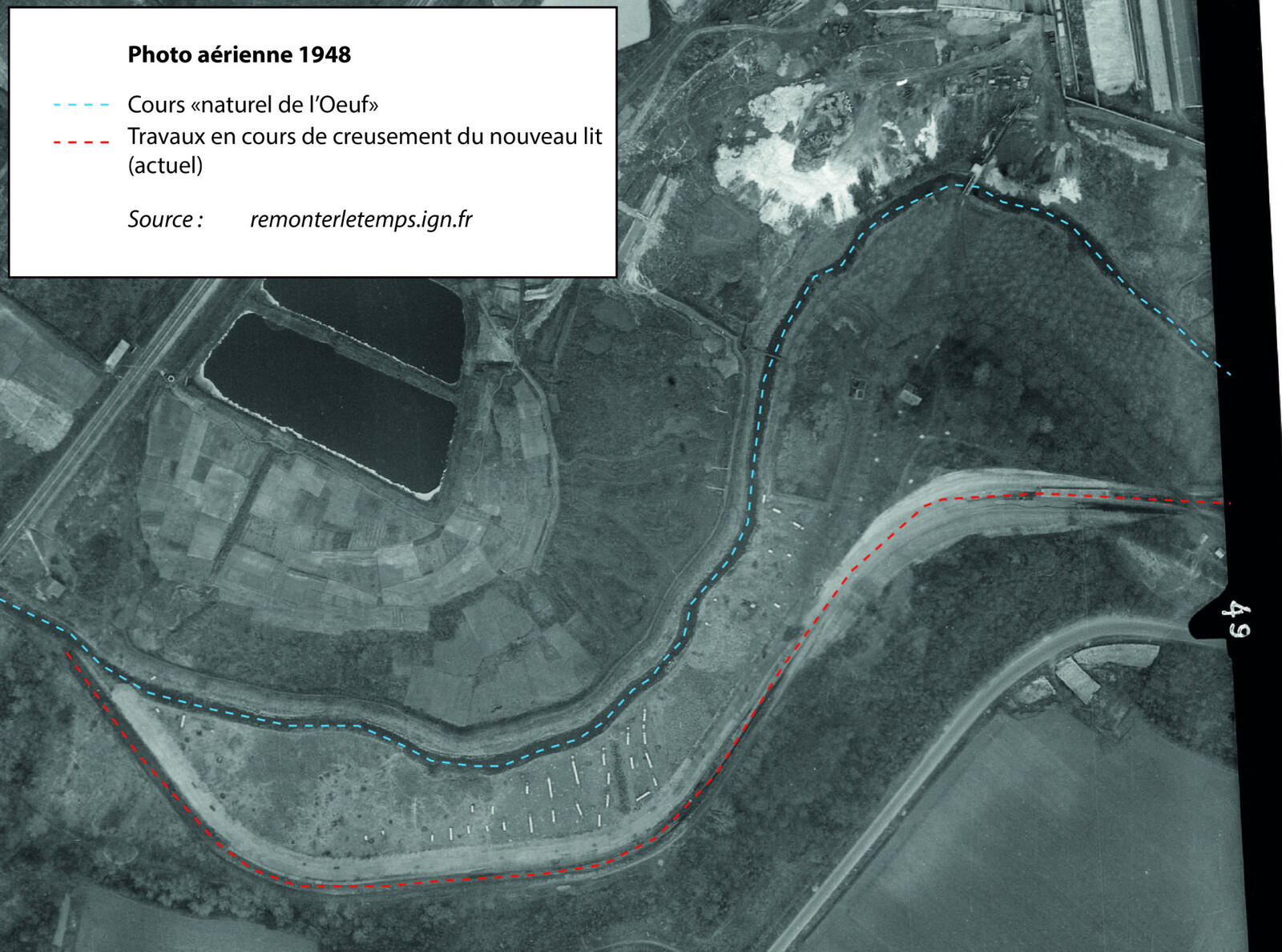 Photo aérienne de 1948 montrant les travaux de recalibrage