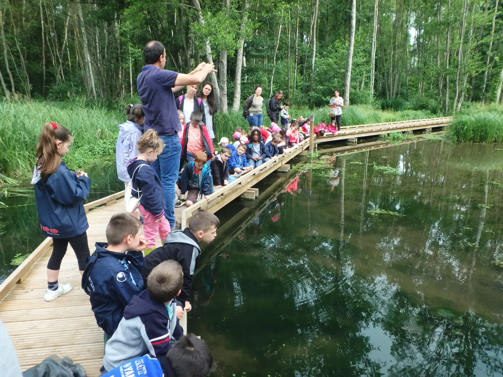 personne avec des enfants au bord de l'eau pour une animation scolaire